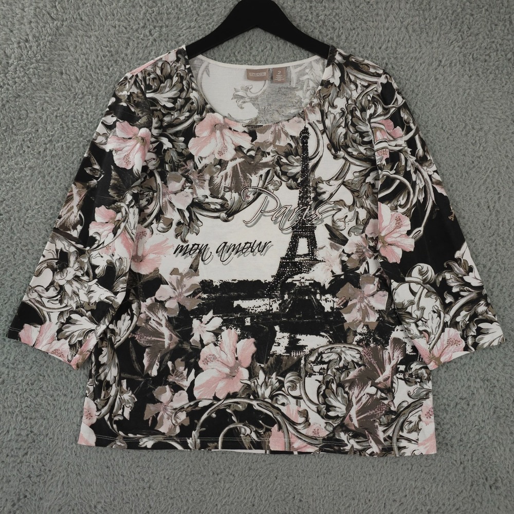 Chicos Shirt Womens 2 US Large Black White Floral Rhinestone Eiffel‎ Tower Paris